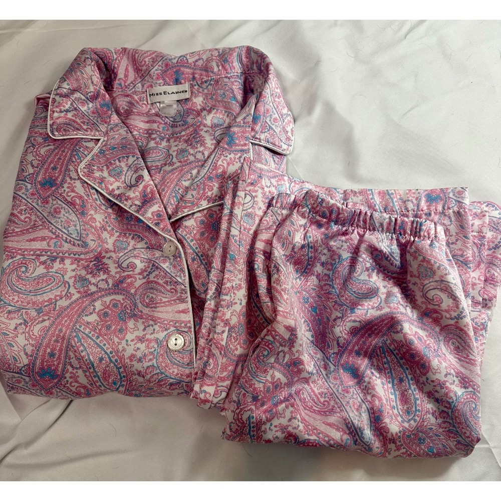 Miss Elaine Pajama Set Pink Blue Paisley Button Front Top Elastic Pants Large